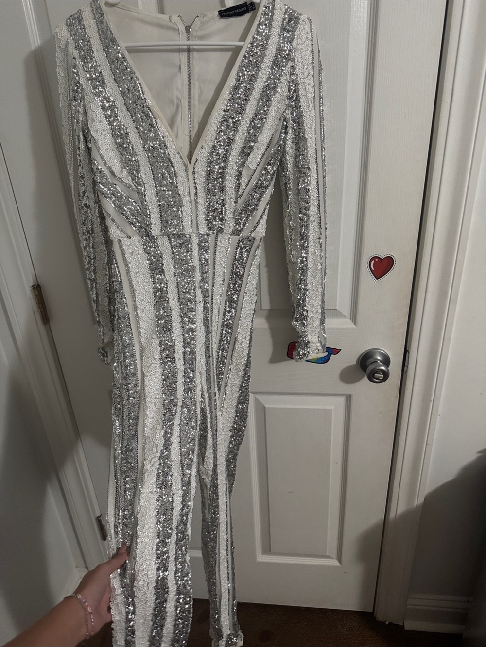PrettyLittleThing Silver and White Sequin Jumpsuit